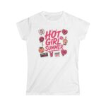 Hot Girl Summer Graphic Tee — Feminine Slogan T-Shirt with Pink Stickers & Playful Icons