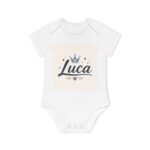 Baby Bodysuit — Personalized "Luca" Crown Name Onesie (Organic Short Sleeve)