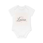 Personalized Baby Bodysuit with Name "Laura" — Cute Heart Script Organic Onesie