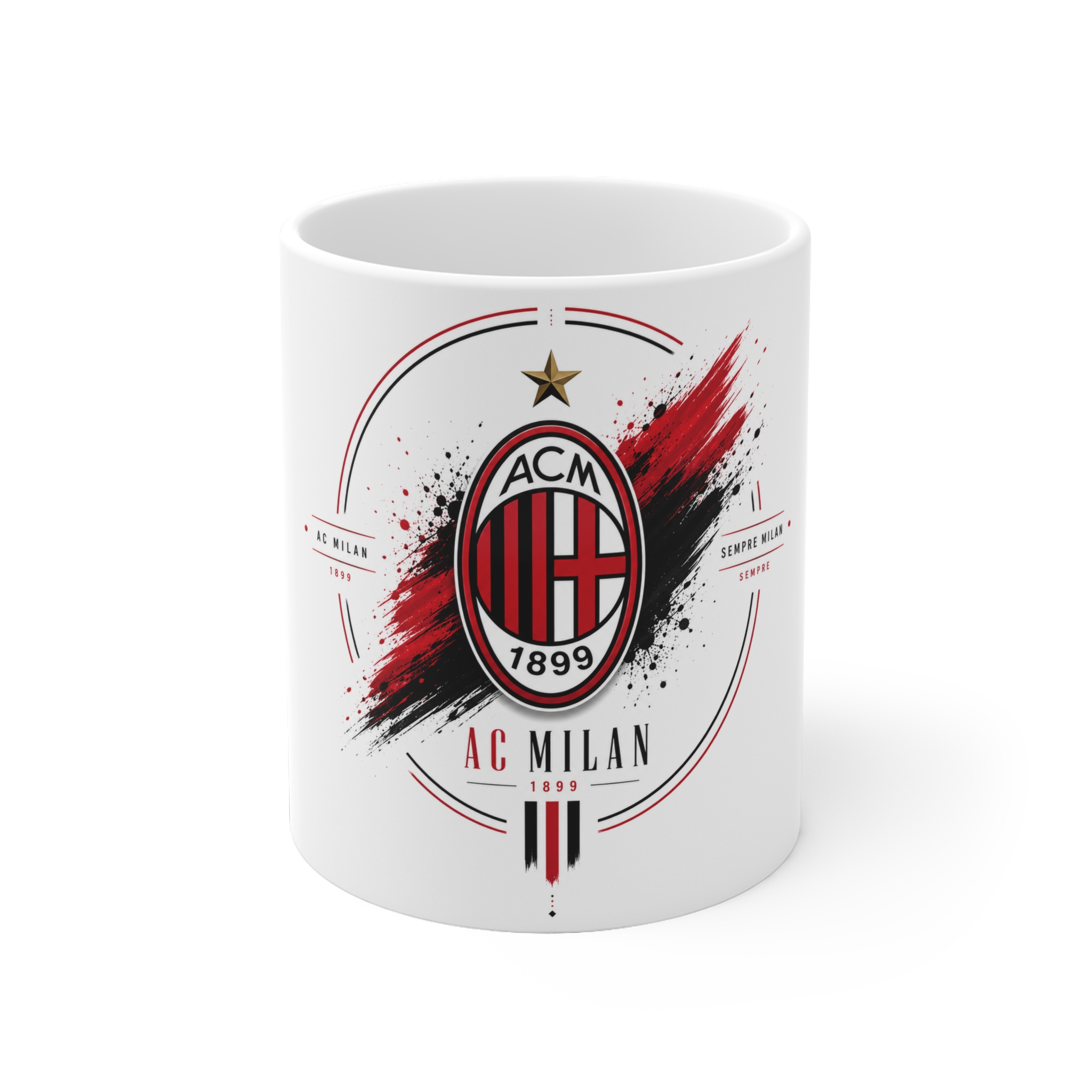 9470060810923401541_2048.jpeg AC Milan Ceramic Mug – Football Club Crest & Red/Black Brush Stroke Design - Image 1